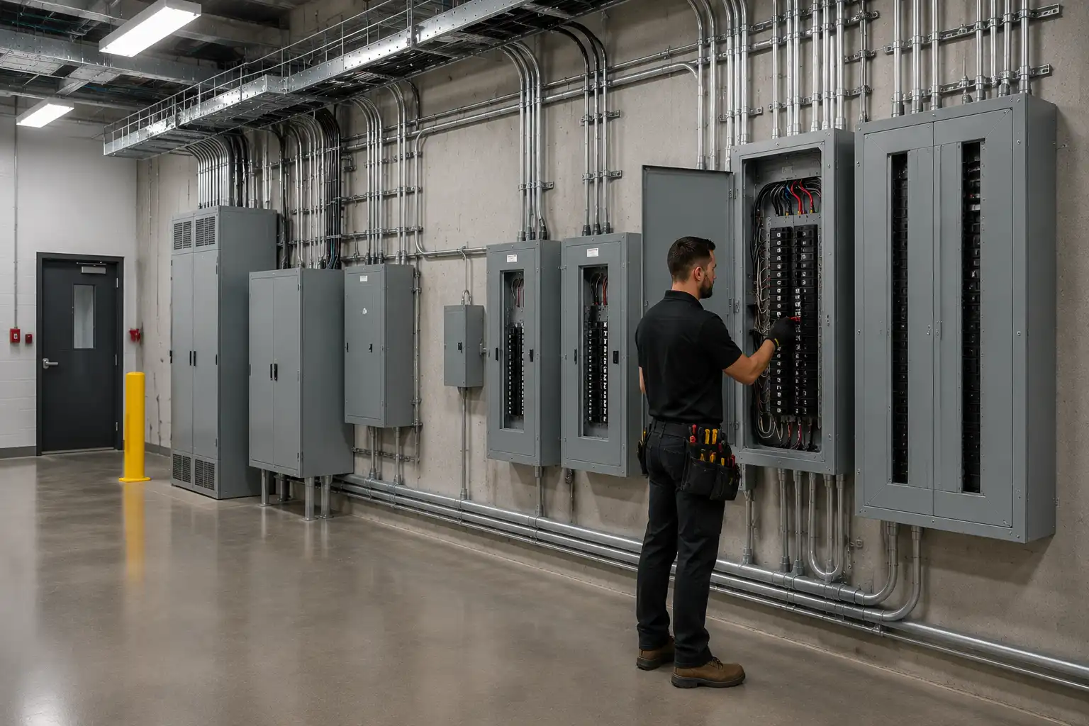 Commercial and industrial electrician working on three-phase distribution equipment in Thorold