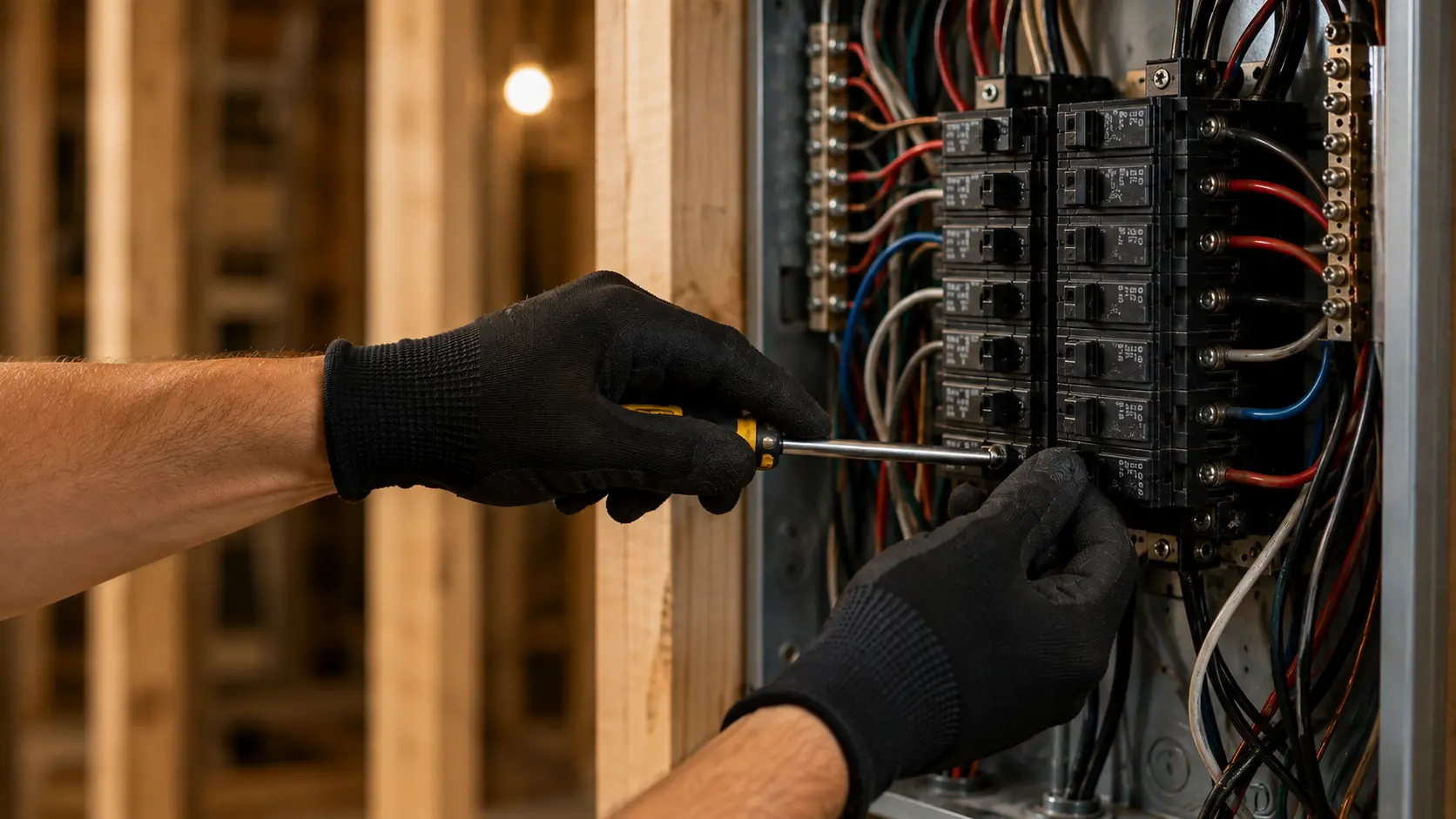 Electrician upgrading a 100A electrical panel to 200A service in a Thorold home