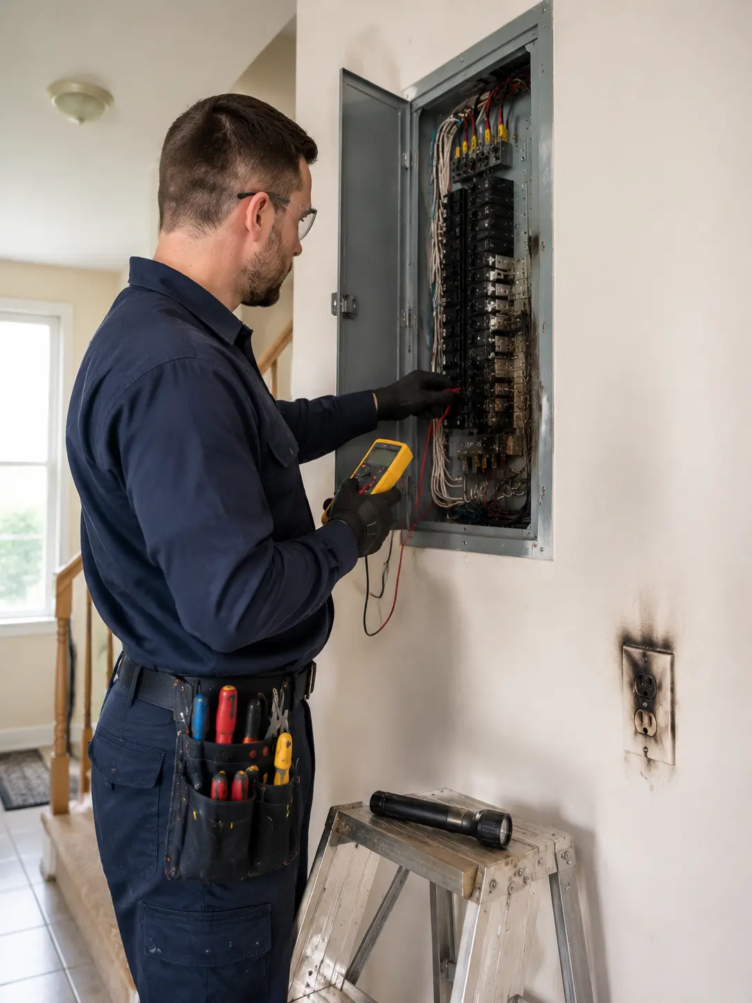 Emergency electrician inspecting a scorched breaker panel in a Thorold home at night